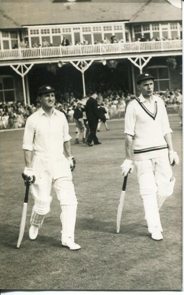 Yorkshire C.C.C. c1950. Mono plain back real photograph postcard of Hutton and Lowson walking out to