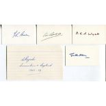 'Bodyline'. England Test cricketers. Five signatures on plain white cards and four on pieces laid