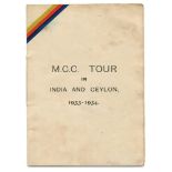 M.C.C. tour of India & Ceylon 1933/34. Official players tour itinerary brochure for the 'M.C.C. Tour
