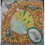 Len Hutton 1950's. Large ladies silk head scarf printed with an attractive and colourful scene of