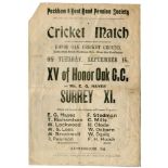 Surrey 1902. Original handbill for a 'Cricket Match... between XV of Honor Oak C.C. and Mr. E.G.