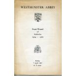 Frank Worrell 1924-1967. Order of Thanksgiving for Worrell held at Westminster Abbey on 7th April