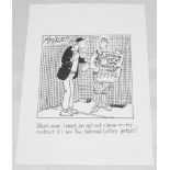 Roy Ullyett c1990s. Original pen and ink cartoon depicting two cricketers standing in the nets,