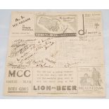 M.C.C. tour to South Africa 1938/9. Official scorecard for the second Test match, South Africa v M.
