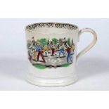 Village cricket mug. Very large Staffordshire 19th century mug, transfer printed in black with two