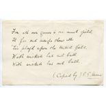 George Gibbons Hearne. Kent & England 1875-1895. Single page cricket poem handwritten in ink '(