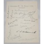 Australia 1938. Official autograph sheet for the Australian tour of England 1938. Very nicely signed