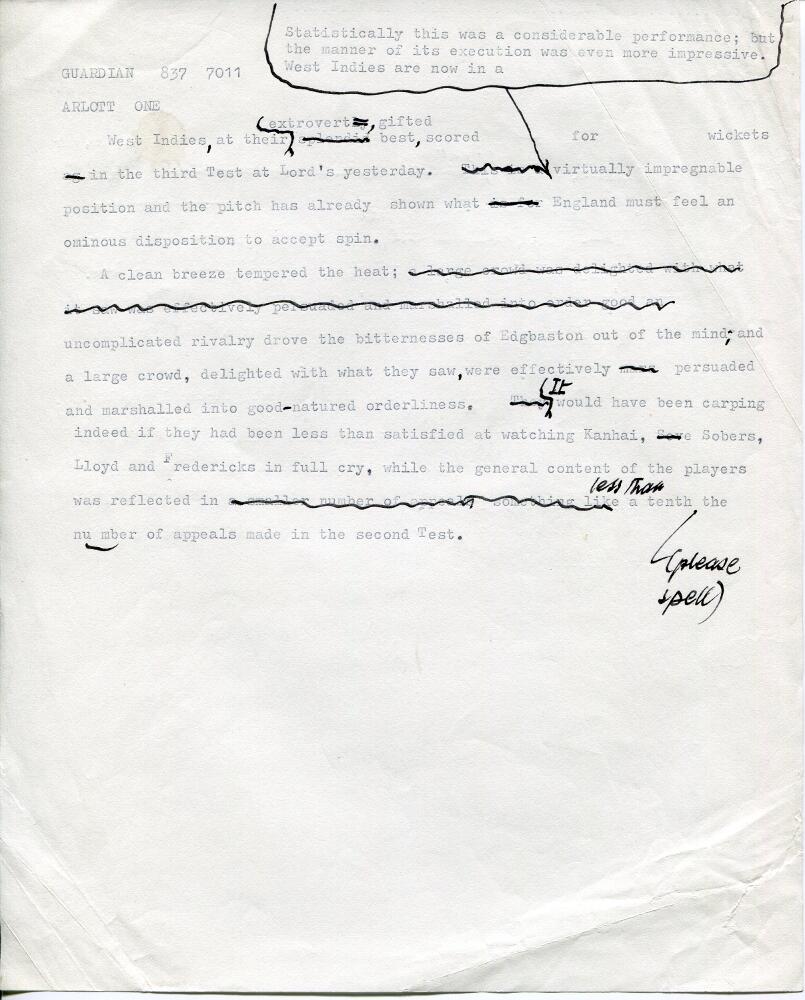 John Arlott. Original typed four page manuscript for an article for The Guardian newspaper written