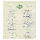 Australian tour of Pakistan and India 1959/60. Official autograph sheet fully signed in ink by all