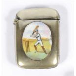 Cricket vesta case. Silver metal cricketing vesta case, the face with original enamelled scene in