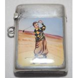 Golf. Excellent silver rounded oblong vesta case with an impressive enamelled colourful image of a