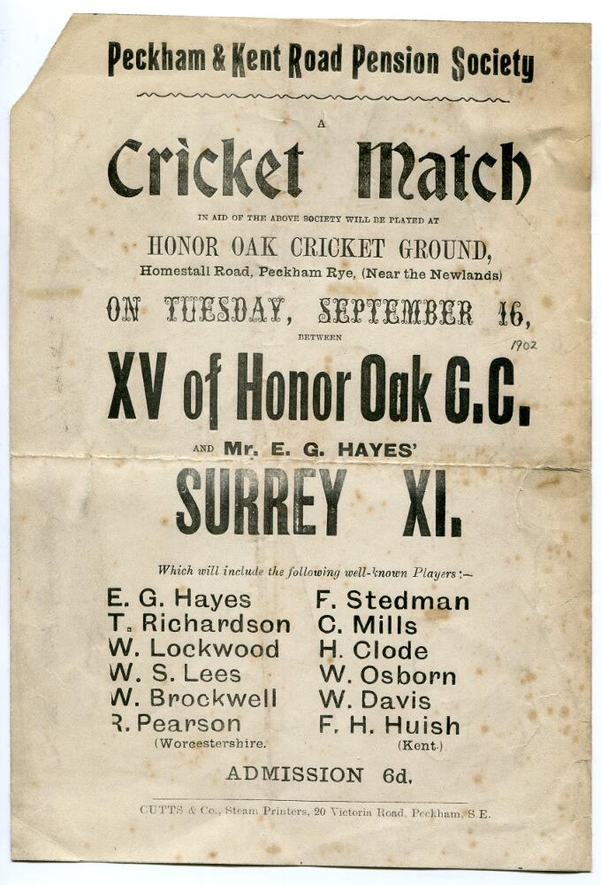 Surrey 1902. Original handbill for a 'Cricket Match... between XV of Honor Oak C.C. and Mr. E.G.