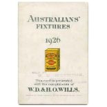 'Australian's Fixtures 1926'. Small four page card fixture list issued by W.D. & H. Wills in 1926