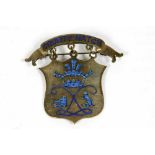 'County Match'. Large ornate silver and cobalt blue enamel pin badge with title on bar hanging above