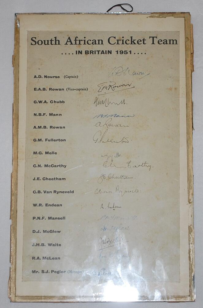 South Africa tour to England 1951. Original autograph sheet with printed title and players' names.