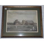 Cricket match at Clifton College c1891. Reproduction of a colour print by W. Cox after Barraud of