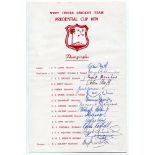 West Indies 1979. Official autograph sheet for the West Indies Prudential Cup team (World Cup)