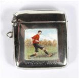 'Well done Albert'. Attractive silver rounded square vesta case with an enamelled colourful image of