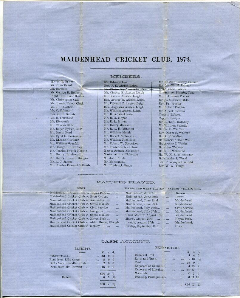 'Maidenhead Cricket Club 1872'. Original printed sheet dated April 1873 being the Club's annual