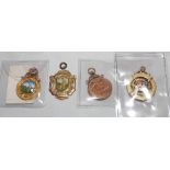 Gold cricket medals. Four hallmarked gold cricket medals each with ornate cricketing decoration in