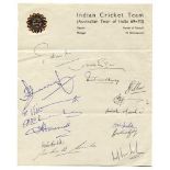 India 1969/70. Rare official autograph sheet signed in ink by fifteen India players for the