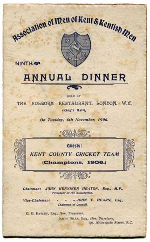 Kent C.C.C. County Champions 1906. Rare official menu for the dinner for the Ninth Annual Dinner