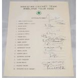 Pakistan tour to England 1982. Official autograph sheet fully signed by all eighteen members of