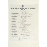 South Africa tour to Australia, 1971/72. Official autograph sheet for the cancelled tour, fully