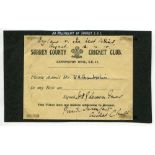 Surrey C.C.C. H.G. Leveson-Gower. Official Surrey County Cricket Club pass issued to a 'W.R.