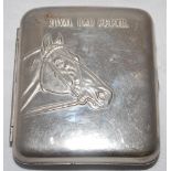 'Royal Bar, Perth'. Silver metal advertising cigarette case with image to centre of race horses head