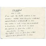 Thomas Frederick Shepherd. Surrey 1919-1932. Single page handwritten note in ink in Shepherd's own