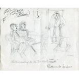 Original signed sketch by 'Ionicus'. Original pencil cartoon of two people seated on a sofa in front
