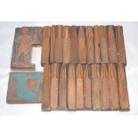 Cricket printing blocks c1930s. Box containing a collection of twenty one copper on wood printing