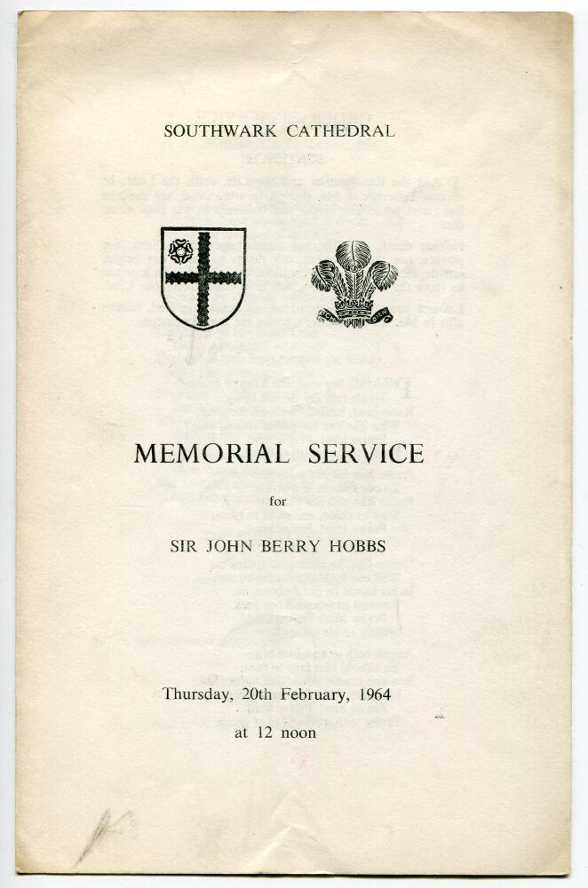 Sir John Berry 'Jack' Hobbs 1924-1967. Order of Thanksgiving for Hobbs' Memorial Service held at