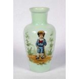 Cricket vase. An unusual early green glass vase with large image of a boy wearing boater and holding