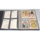 Cricket postcards and ephemera. Green album containing a collection of over forty cricket postcards,