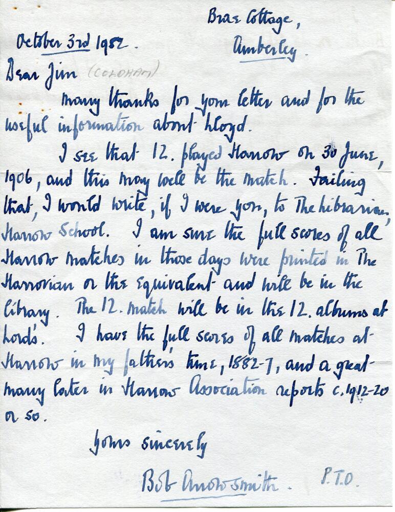 R.L. 'Bob' Arrowsmith, cricket writer. Two page handwritten letter to Jim (Coldham) dated 3rd