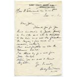 Andrew Sandham, Surrey & England 1911-1937. Single page letter handwritten in ink from Sandham to