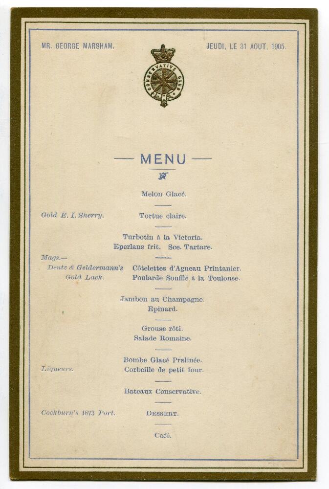 Kent C.C.C. 1905. Original one page menu for the end of season dinner held at the Conservative Club, - Image 2 of 2