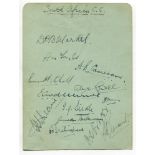 South Africa tour to England 1929. Album page signed in ink by thirteen members of the South