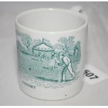 'Cricket'. Victorian Staffordshire cricket mug with strap handle, printed in green with image of