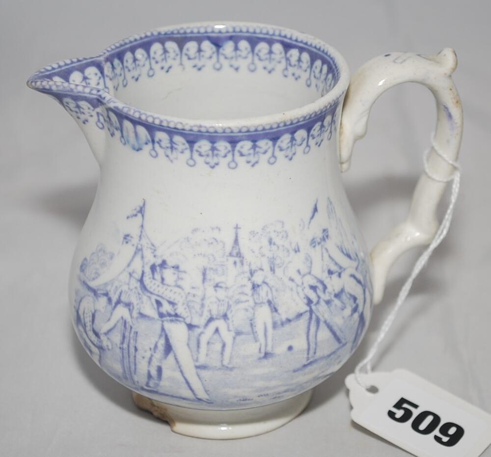 Cricket jug. Early Staffordshire blue cream/milk cricket jug with strap handle, Transfer printed