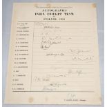 India tour to England 1952. Rare official autograph sheet fully signed by all eighteen members of