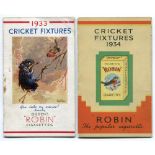 'Cricket Fixtures 1933 & 1934'. Fixture booklets issued by Ogden's 'Robin' cigarettes for the two