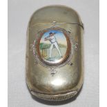 Victorian cricketing vesta case. Attractive electro-plated rounded oblong vesta case applied with