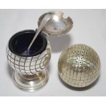 Golf condiment pots. Silver metal golf ball shaped mustard pot with silver spoon. Sold with a silver