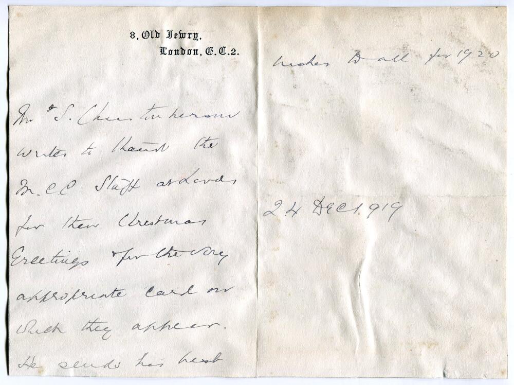 Stanley Christopherson. Kent & England 1883-1890. Two page hand written letter dated 24th December