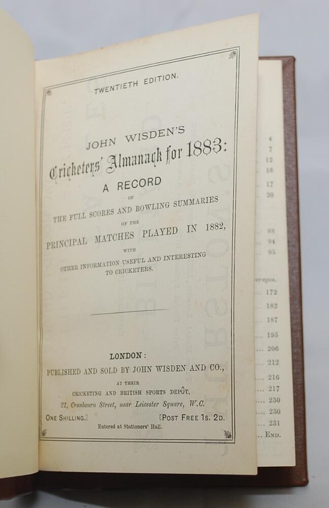Wisden Cricketers' Almanack 1883. 20th edition. Bound in brown quarter leather boards, lacking