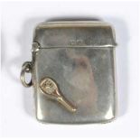 Tennis vesta case. Rare and attractive silver square vesta case, with simple tennis racket with