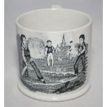 'Cricket'. Three Victorian Staffordshire cricket mugs with strap handle, one printed in black with